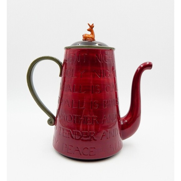 Christmas Ceramic Coffee Tea Pot Deer Finial Silent Night Verse 11 Inch Red - Picture 2 of 11